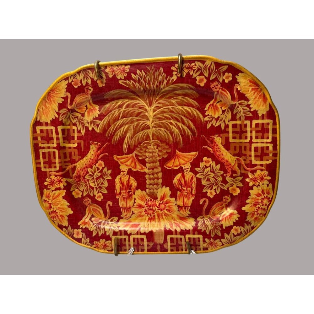 Oriental Accent 14" Decorative Plate Macau Red With Exotic Palm & Figures